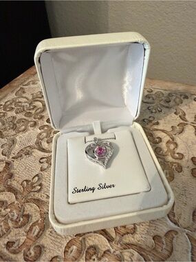 Sterling Silver Heart Necklace Pink Crystal Pendant 18” Chain Gift Box